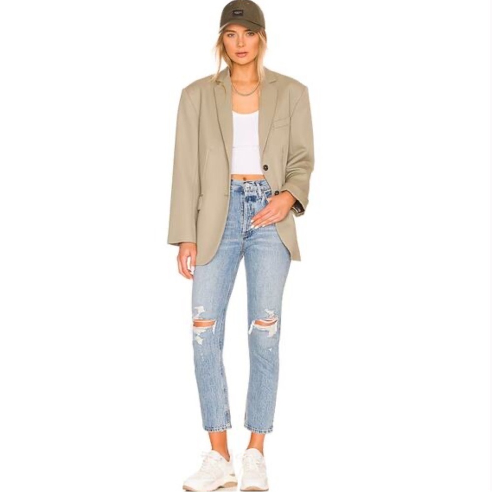 Agolde Riley High Rise Straight Crop Distressed Ripped Knee Denim Cotton Jeans